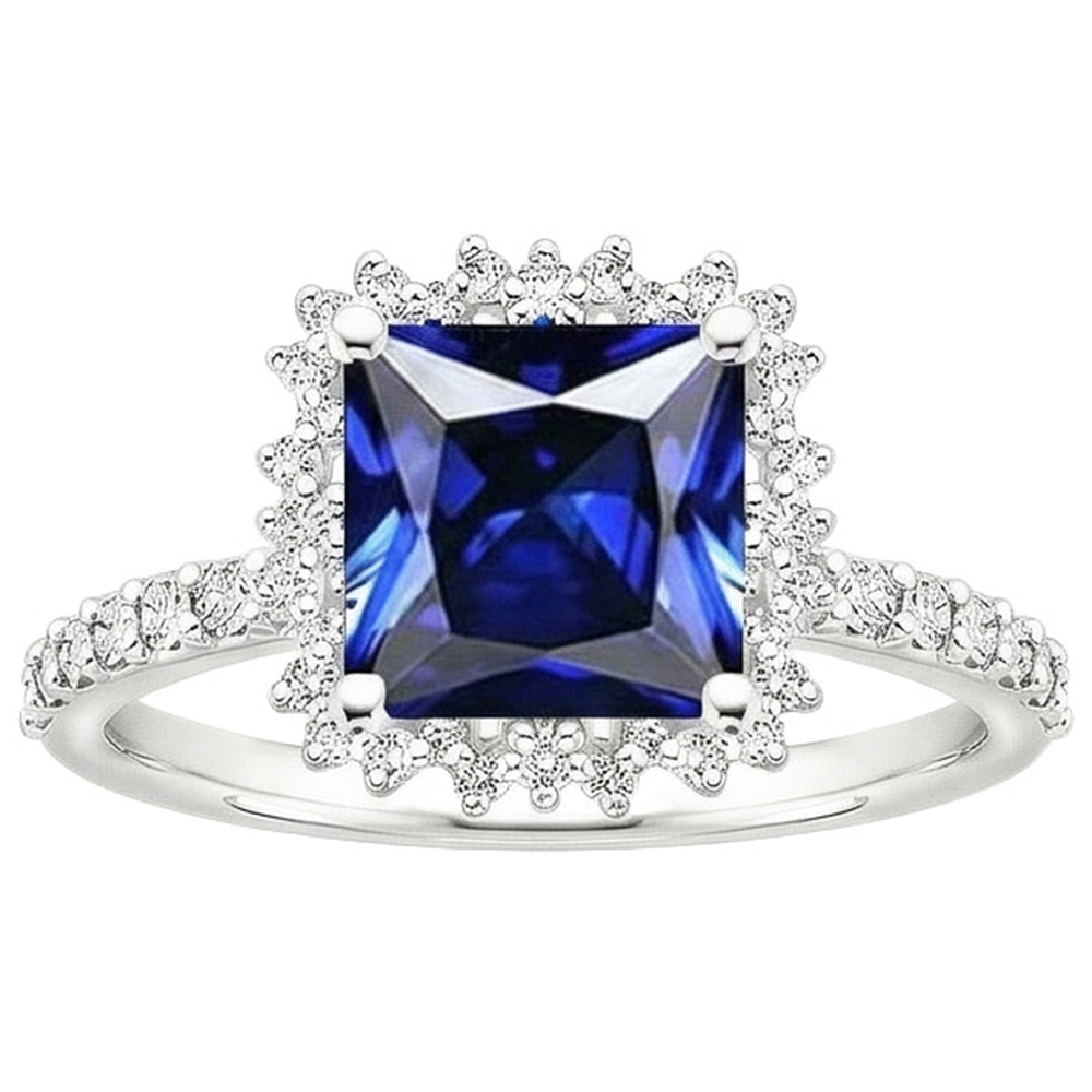 Natural Earth Mined Diamond ( Not Lab Grown ) Engagement Ring Halo Ceylon Sapphire Sunburst Style 6.25 Carat