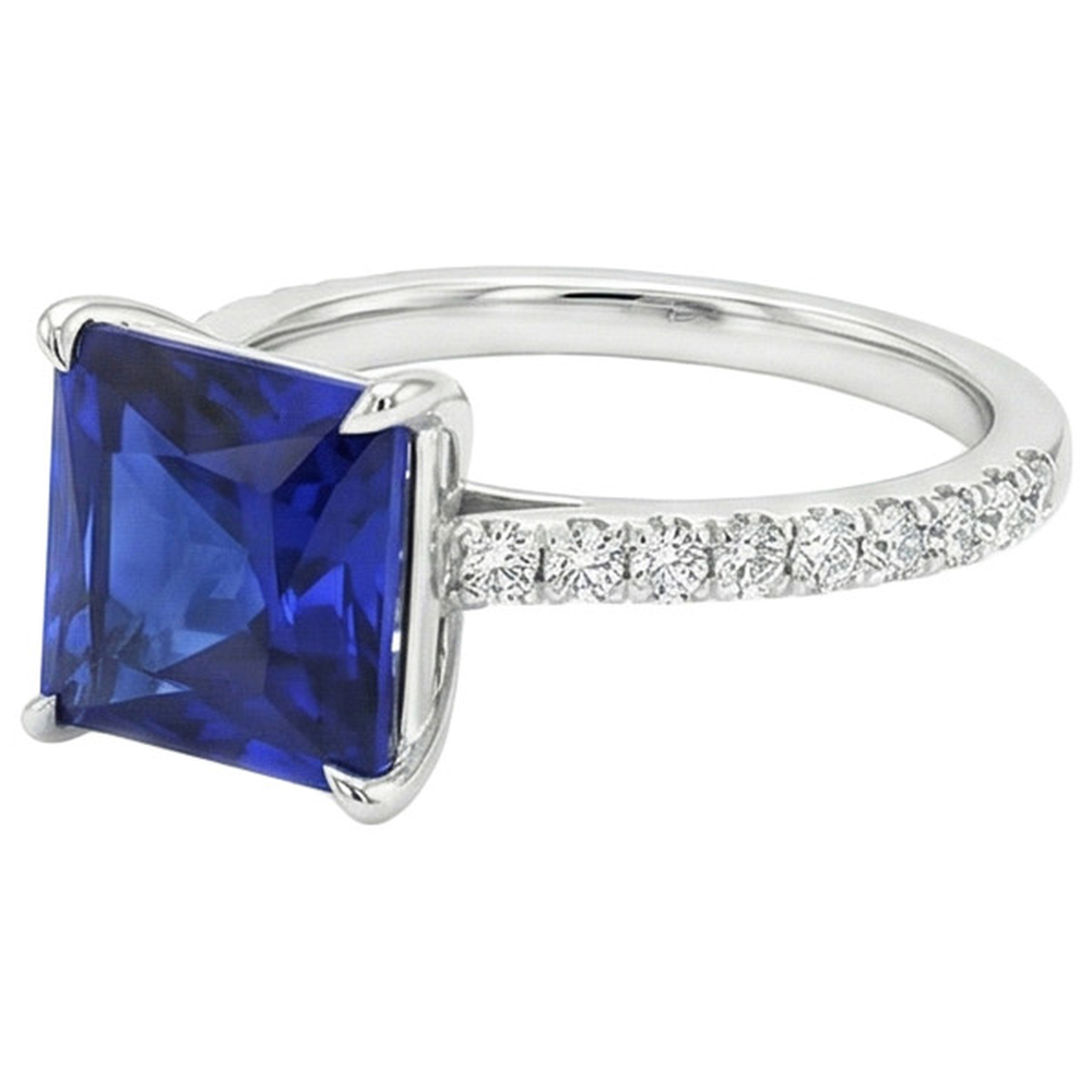 Natural Earth Mined Diamond ( Not Lab Grown ) Engagement Ring Princess Blue Sapphire Accented 5.50 Carats