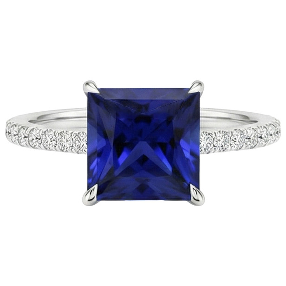 Natural Earth Mined Diamond ( Not Lab Grown ) Engagement Ring Princess Blue Sapphire Accented 5.50 Carats
