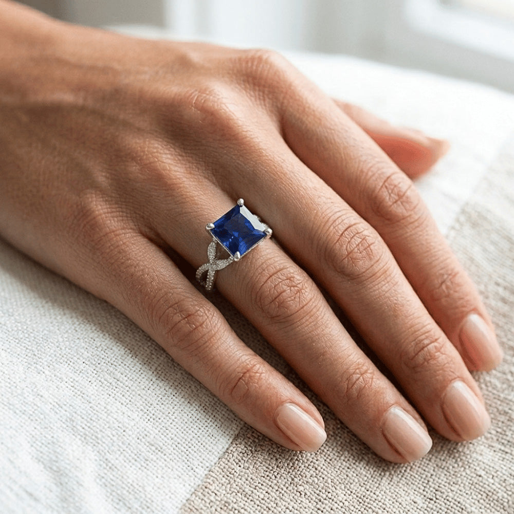 Natural Earth Mined Diamond ( Not Lab Grown ) Engagement Ring Princess Sri Lankan Sapphire & Accents 6 Carat