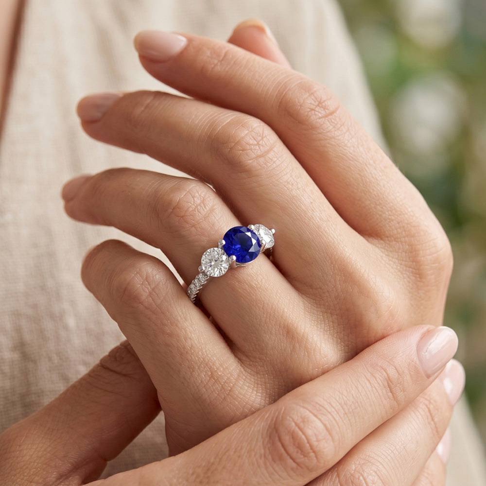 Natural Earth Mined Diamond ( Not Lab Grown ) Engagement Ring Round Ceylon Sapphire 3 Carats Jewelry