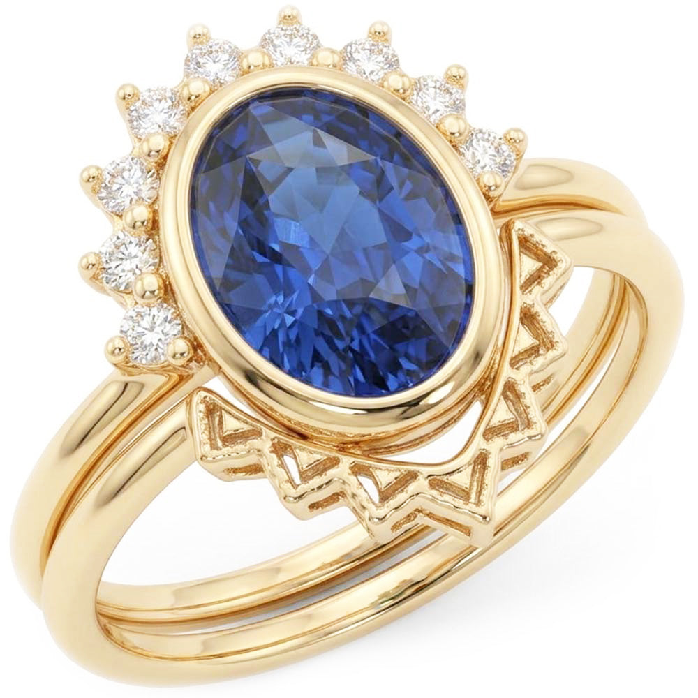 Natural Earth Mined Diamond ( Not Lab Grown ) Engagement Ring Set Bezel Set Blue Sapphire 3 Carats