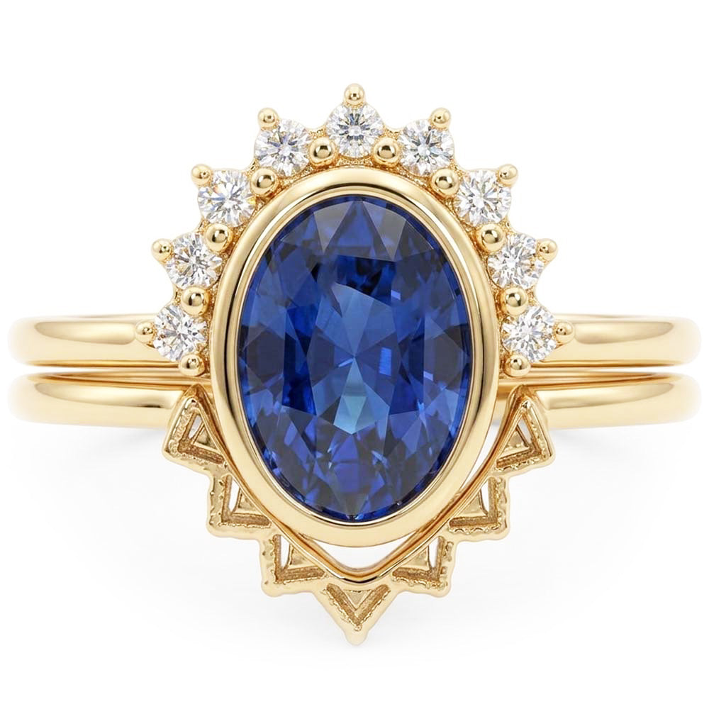 Natural Earth Mined Diamond ( Not Lab Grown ) Engagement Ring Set Bezel Set Blue Sapphire 3 Carats