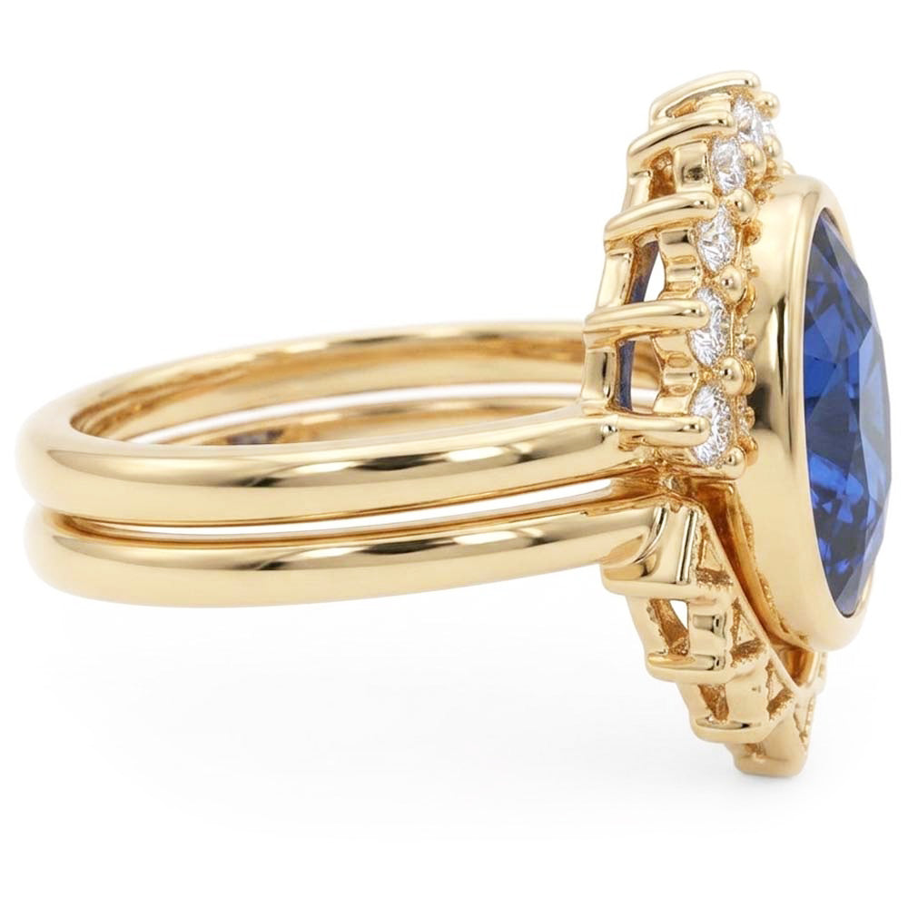 Natural Earth Mined Diamond ( Not Lab Grown ) Engagement Ring Set Bezel Set Blue Sapphire 3 Carats