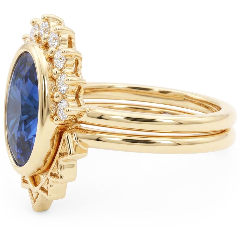 Natural Earth Mined Diamond ( Not Lab Grown ) Engagement Ring Set Bezel Set Blue Sapphire 3 Carats