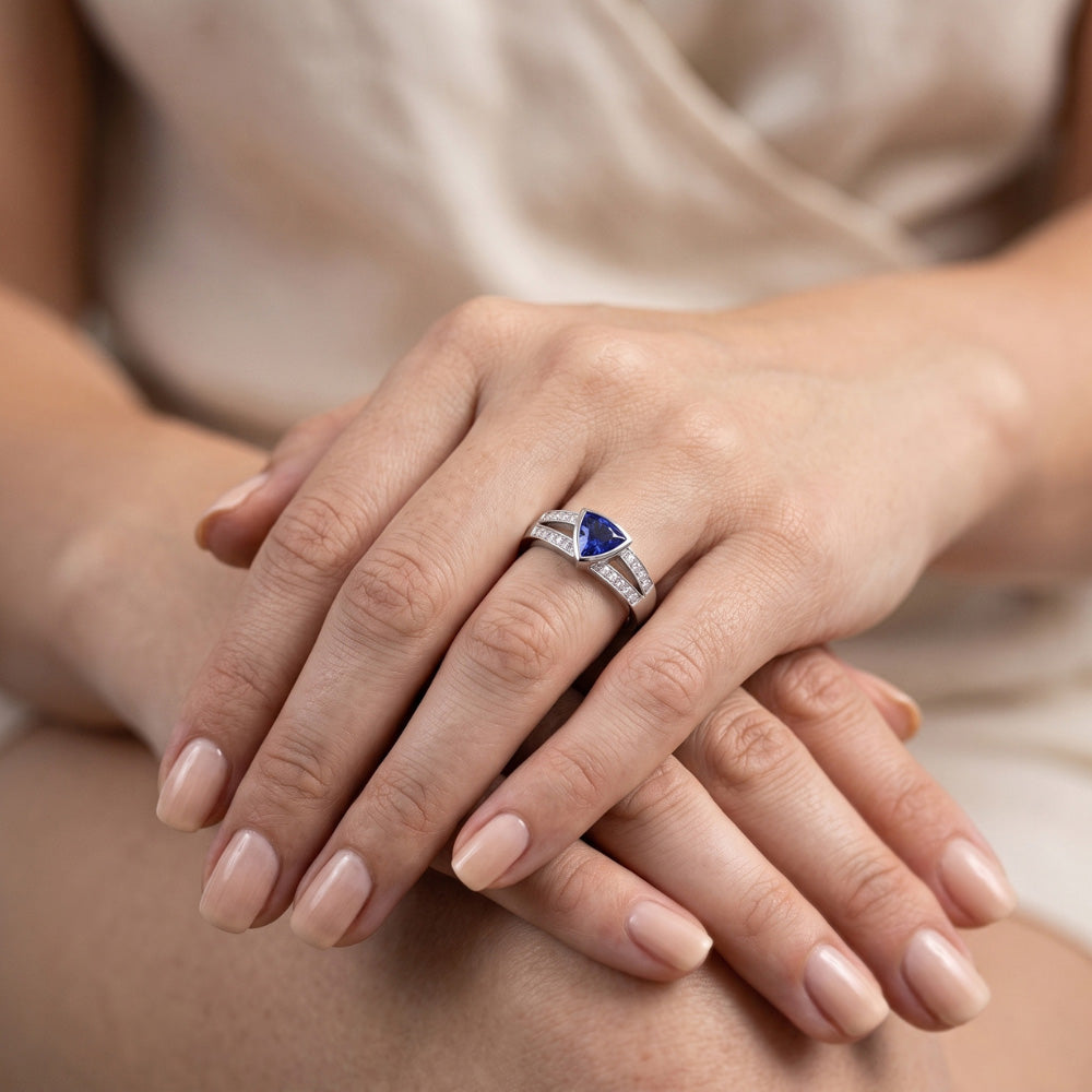 Natural Earth Mined Diamond ( Not Lab Grown ) Engagement Ring Trillion Sapphire Jewelry Split Shank 1 Carat