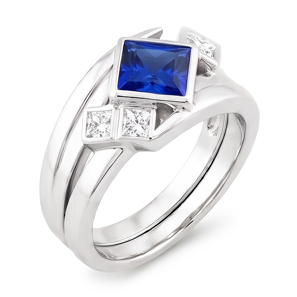 Natural Earth Mined Diamond ( Not Lab Grown ) Fancy Ring 2 Carats Bezel Princess Blue Sapphire