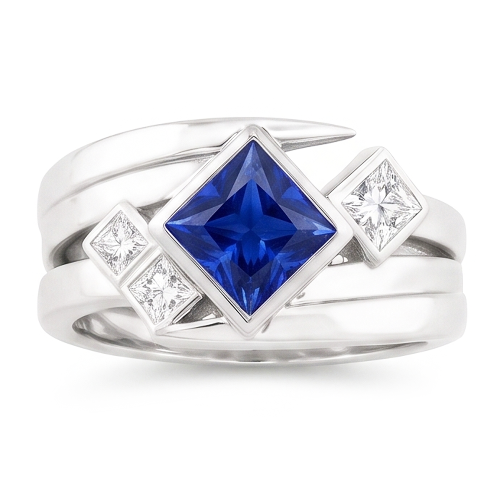 Natural Earth Mined Diamond ( Not Lab Grown ) Fancy Ring 2 Carats Bezel Princess Blue Sapphire