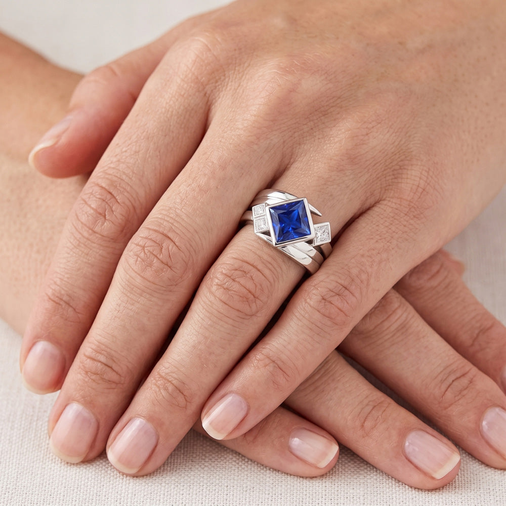 Natural Earth Mined Diamond ( Not Lab Grown ) Fancy Ring 2 Carats Bezel Princess Blue Sapphire