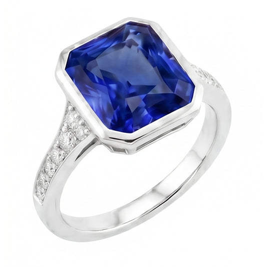 Natural Earth Mined Diamond ( Not Lab Grown ) Gemstone Jewelry Bezel Set Radiant Blue Sapphire Ri...