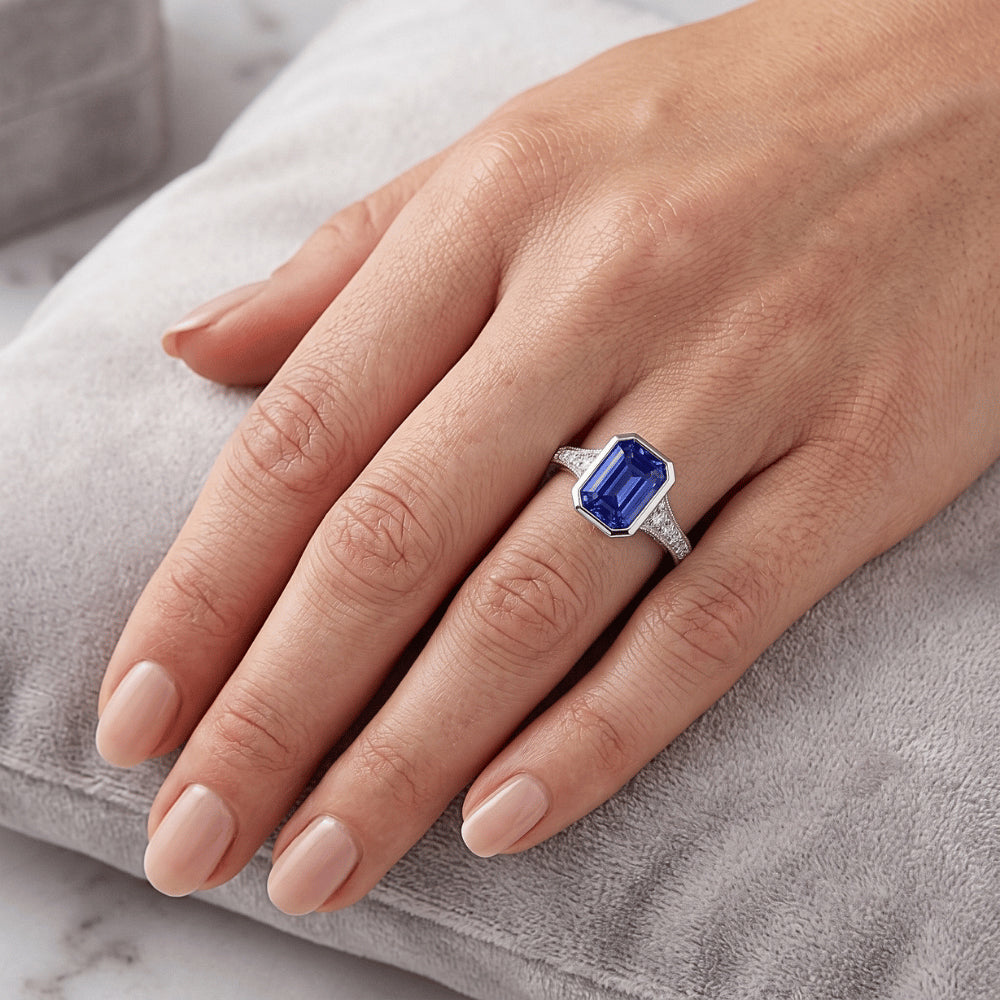 Natural Earth Mined Diamond ( Not Lab Grown ) Gemstone Jewelry Bezel Set Radiant Blue Sapphire Ri...