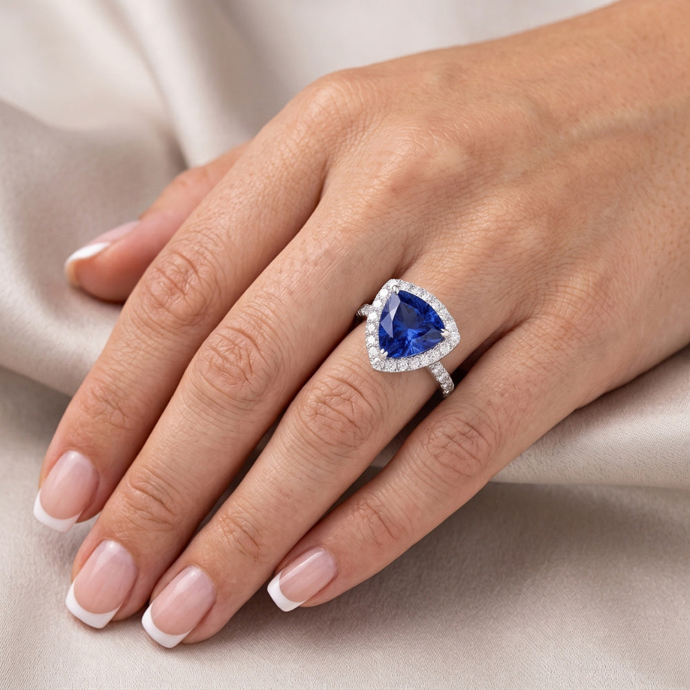 Natural Earth Mined Diamond ( Not Lab Grown ) Halo Anniversary Ring Trillion Cut Sapphire 3 Carats