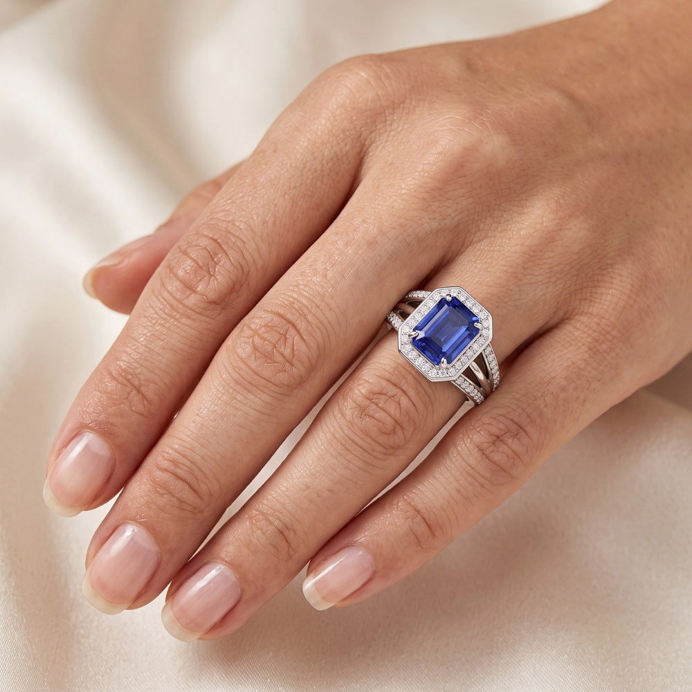 Natural Earth Mined Diamond ( Not Lab Grown ) Halo Emerald Sapphire Engagement Ring Split Shank 4.50 Carats