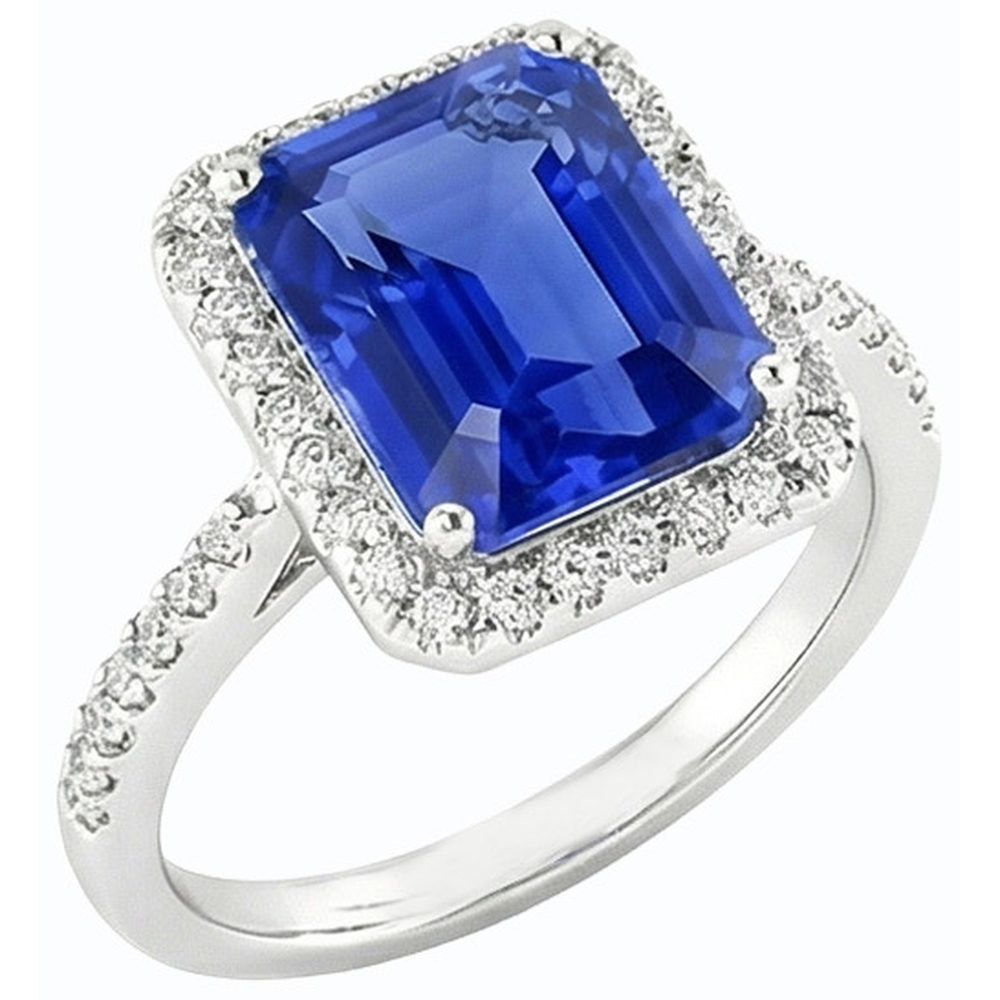 Natural Earth Mined Diamond ( Not Lab Grown ) Halo Emerald Sri Lankan Sapphire Ring 4.50 Carats Gold
