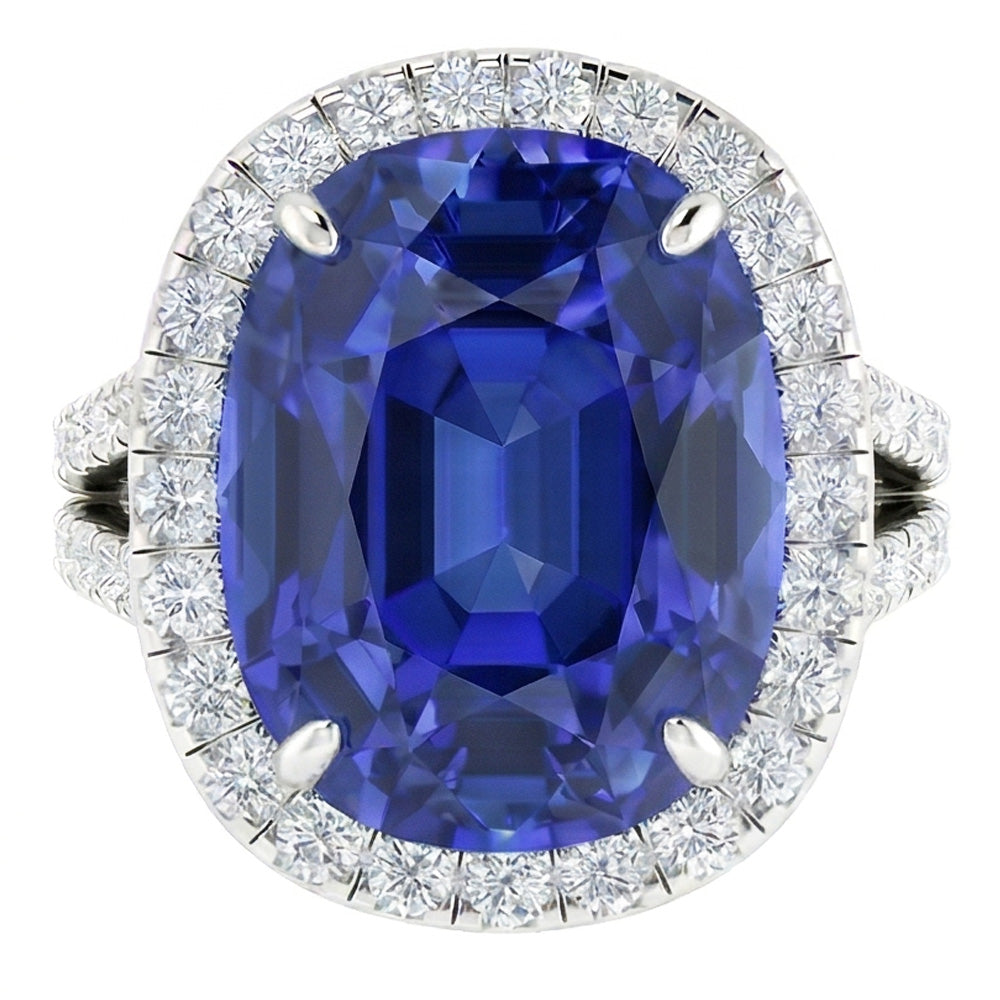 Natural Earth Mined Diamond ( Not Lab Grown ) Halo Oval Ceylon Sapphire Ring Pave Split Shank 6 Carats