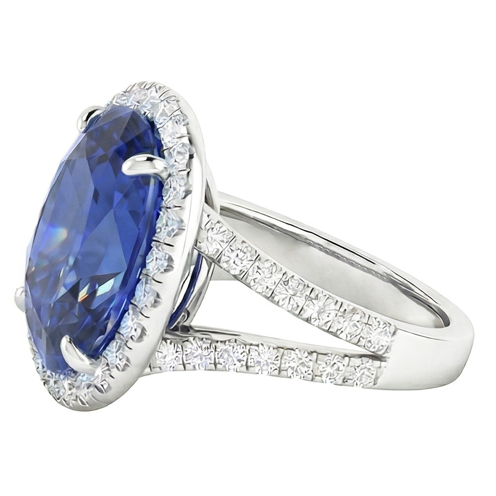Natural Earth Mined Diamond ( Not Lab Grown ) Halo Oval Ceylon Sapphire Ring Pave Split Shank 6 Carats