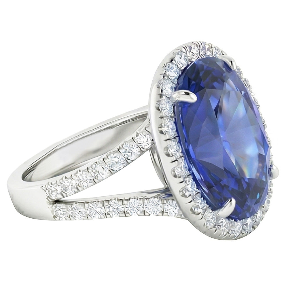 Natural Earth Mined Diamond ( Not Lab Grown ) Halo Oval Ceylon Sapphire Ring Pave Split Shank 6 Carats