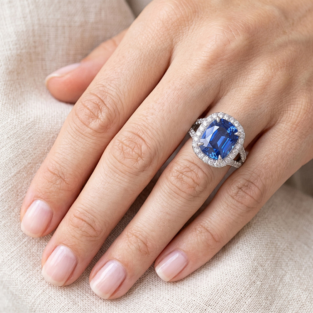 Natural Earth Mined Diamond ( Not Lab Grown ) Halo Oval Ceylon Sapphire Ring Pave Split Shank 6 Carats