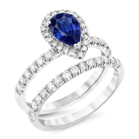 Natural Earth Mined Diamond ( Not Lab Grown ) Halo Pear Sri Lankan Sapphire Wedding Ring Set 2.50 Carats
