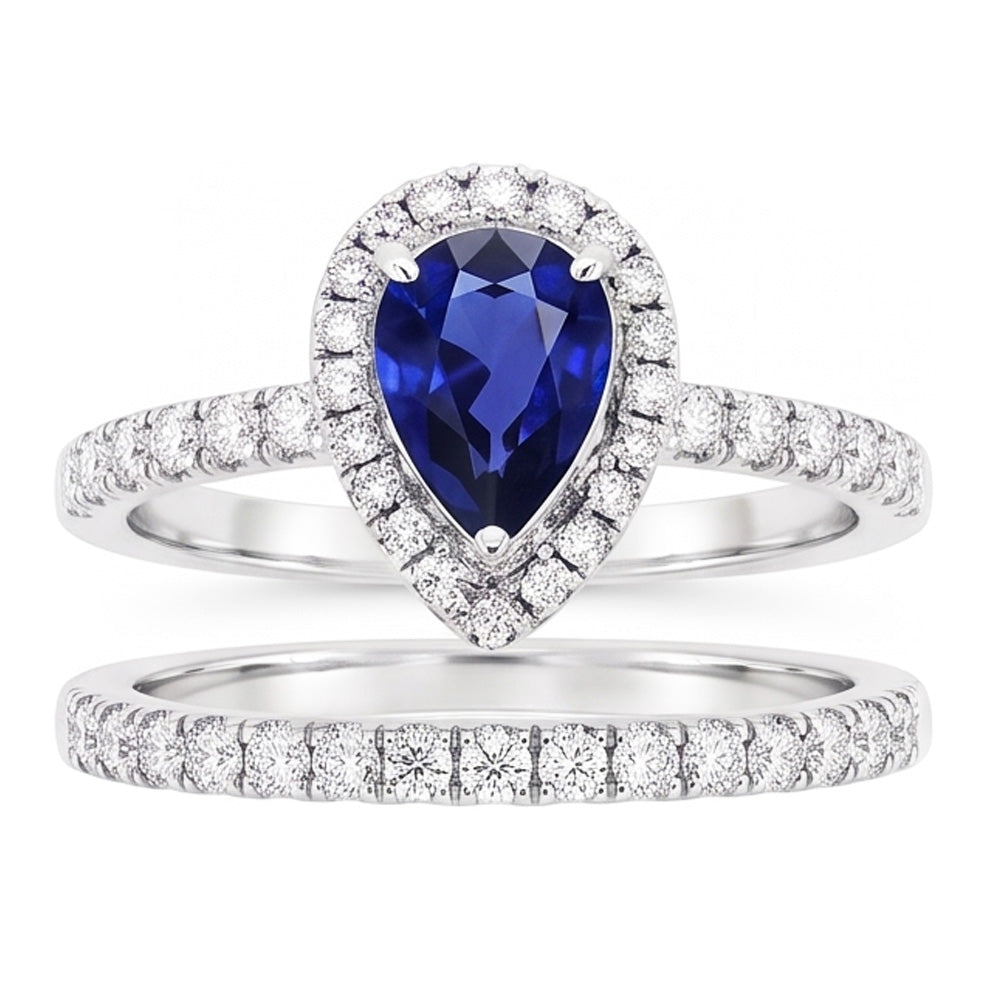 Natural Earth Mined Diamond ( Not Lab Grown ) Halo Pear Sri Lankan Sapphire Wedding Ring Set 2.50 Carats