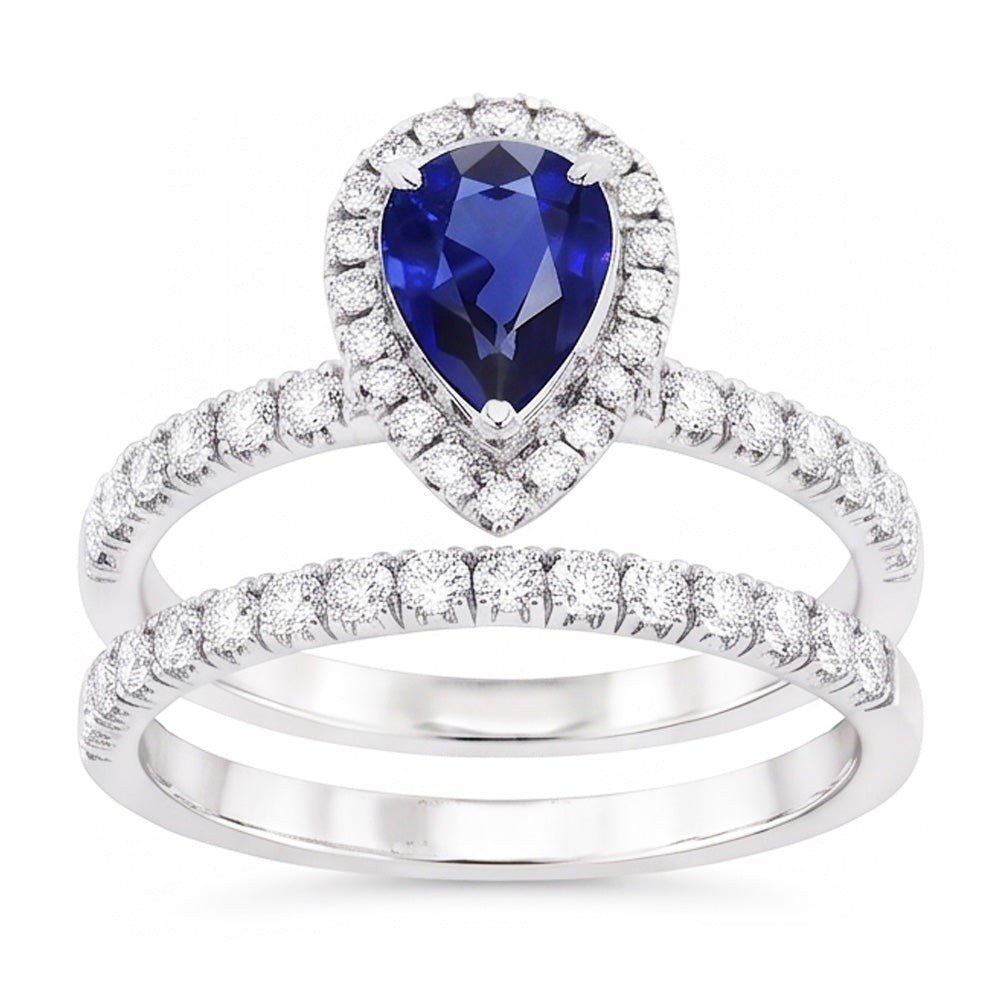 Natural Earth Mined Diamond ( Not Lab Grown ) Halo Pear Sri Lankan Sapphire Wedding Ring Set 2.50 Carats