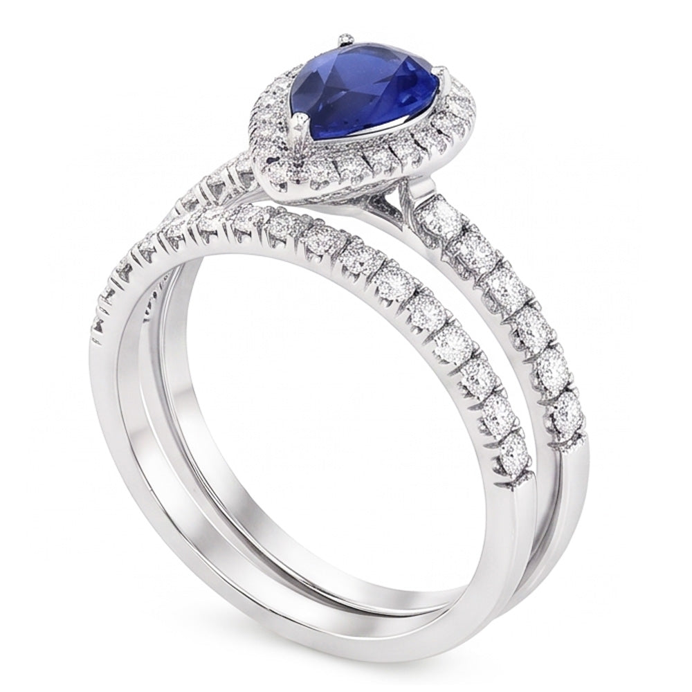 Natural Earth Mined Diamond ( Not Lab Grown ) Halo Pear Sri Lankan Sapphire Wedding Ring Set 2.50 Carats