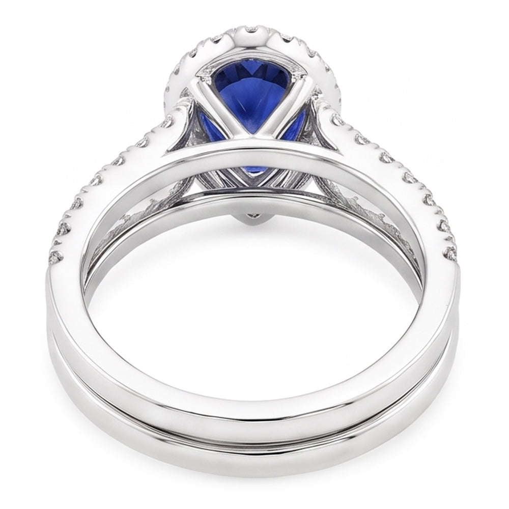 Natural Earth Mined Diamond ( Not Lab Grown ) Halo Pear Sri Lankan Sapphire Wedding Ring Set 2.50 Carats