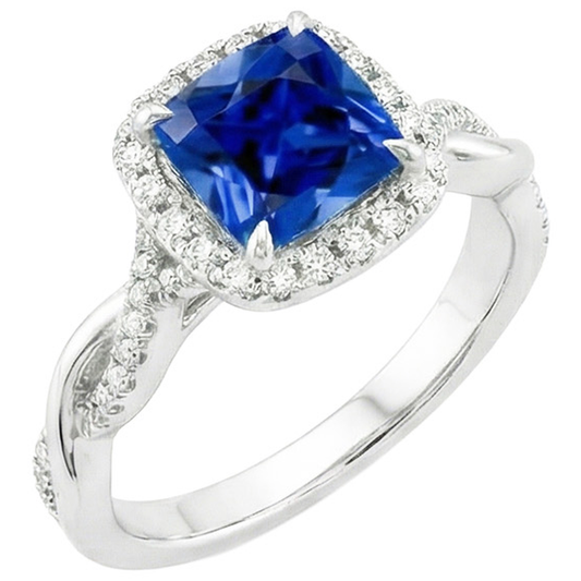 Natural Earth Mined Diamond ( Not Lab Grown ) Halo Ring Cushion Blue Sapphire Pave Set Accented 3.25 Carats