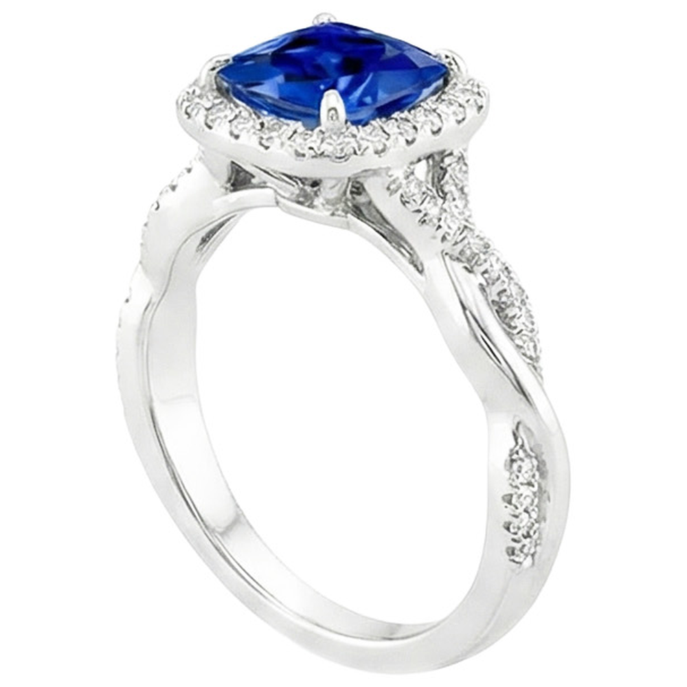 Natural Earth Mined Diamond ( Not Lab Grown ) Halo Ring Cushion Blue Sapphire Pave Set Accented 3.25 Carats