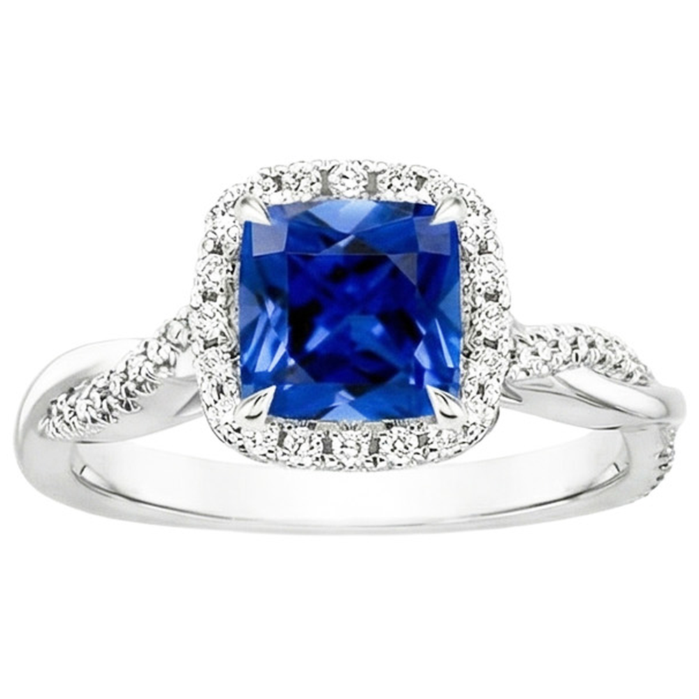 Natural Earth Mined Diamond ( Not Lab Grown ) Halo Ring Cushion Blue Sapphire Pave Set Accented 3.25 Carats
