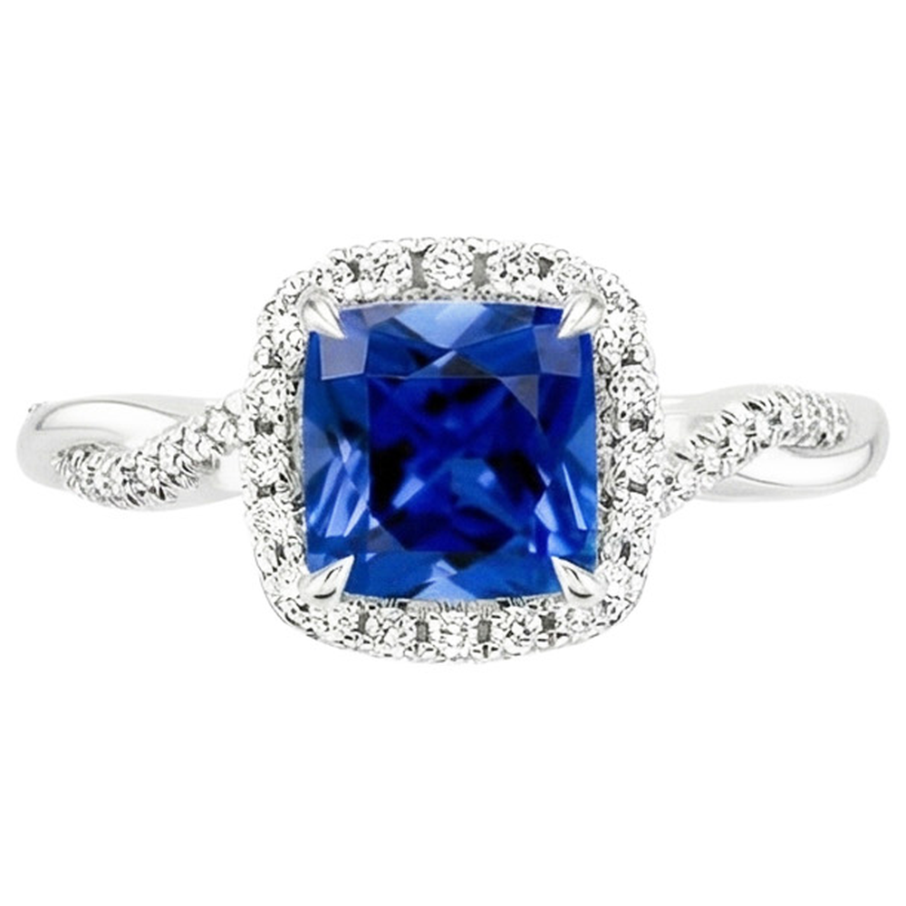 Natural Earth Mined Diamond ( Not Lab Grown ) Halo Ring Cushion Blue Sapphire Pave Set Accented 3.25 Carats