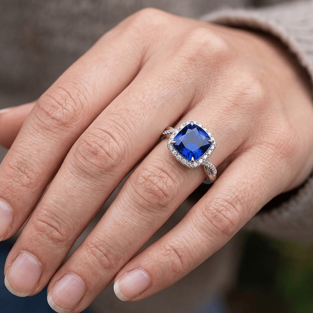 Natural Earth Mined Diamond ( Not Lab Grown ) Halo Ring Cushion Blue Sapphire Pave Set Accented 3.25 Carats