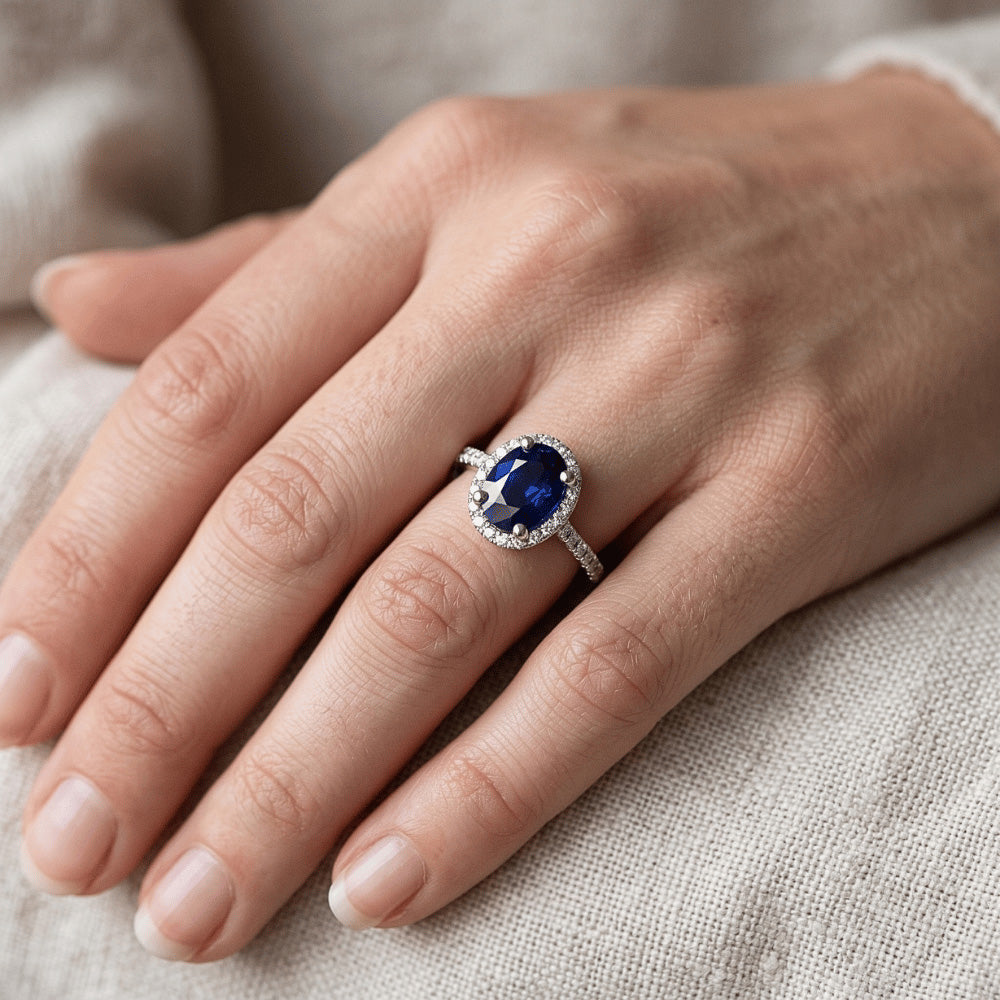 Natural Earth Mined Diamond ( Not Lab Grown ) Halo Ring Oval Cut Sri Lankan Sapphire 4 Carats