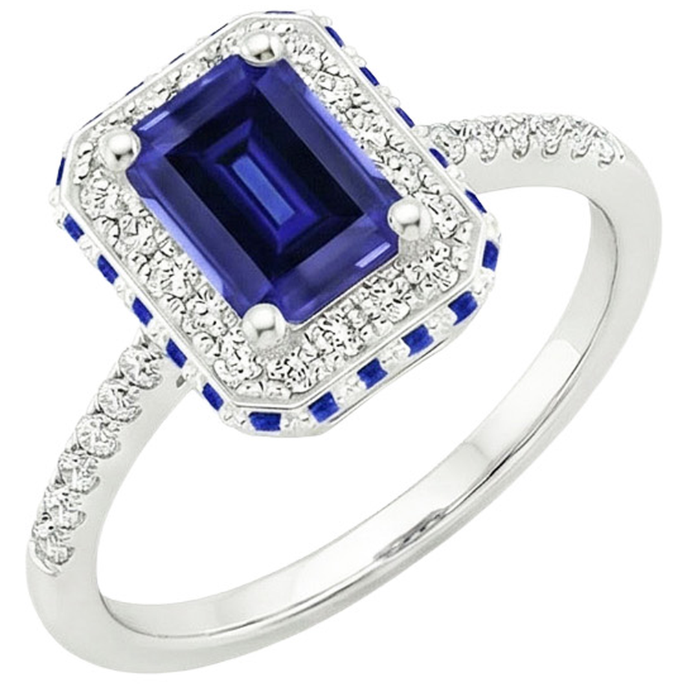 Natural Earth Mined Diamond ( Not Lab Grown ) Halo Ring With Blue Sapphires on Side Emerald 4.25 Carats