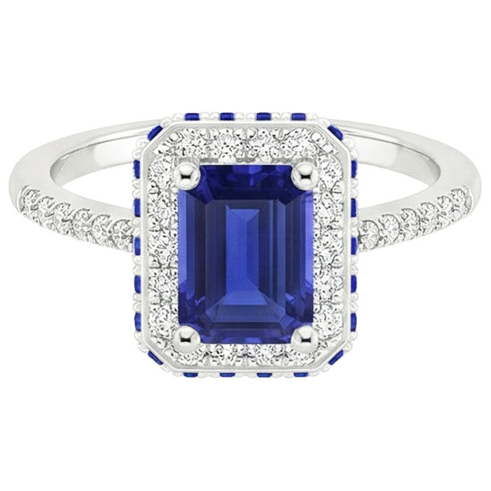 Natural Earth Mined Diamond ( Not Lab Grown ) Halo Ring With Blue Sapphires on Side Emerald 4.25 Carats