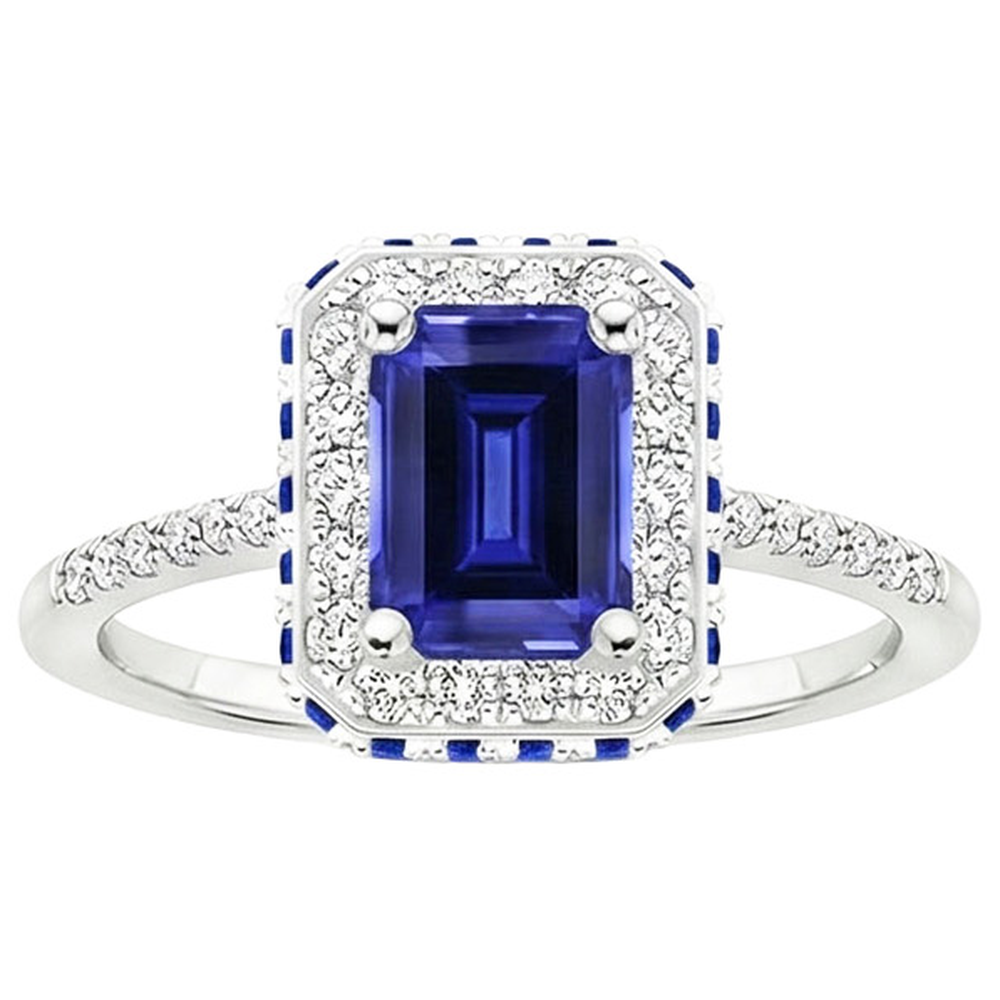 Natural Earth Mined Diamond ( Not Lab Grown ) Halo Ring With Blue Sapphires on Side Emerald 4.25 Carats