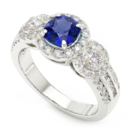 Natural Earth Mined Diamond ( Not Lab Grown ) Halo Round Blue Sapphire Ring 2.50 Carats Ladies Jewelry