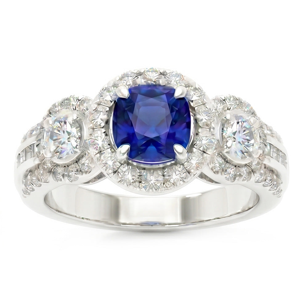 Natural Earth Mined Diamond ( Not Lab Grown ) Halo Round Blue Sapphire Ring 2.50 Carats Ladies Jewelry