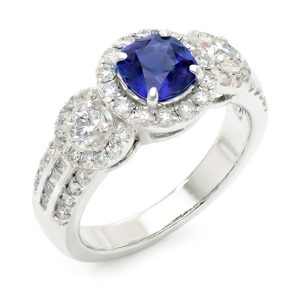 Natural Earth Mined Diamond ( Not Lab Grown ) Halo Round Blue Sapphire Ring 2.50 Carats Ladies Jewelry