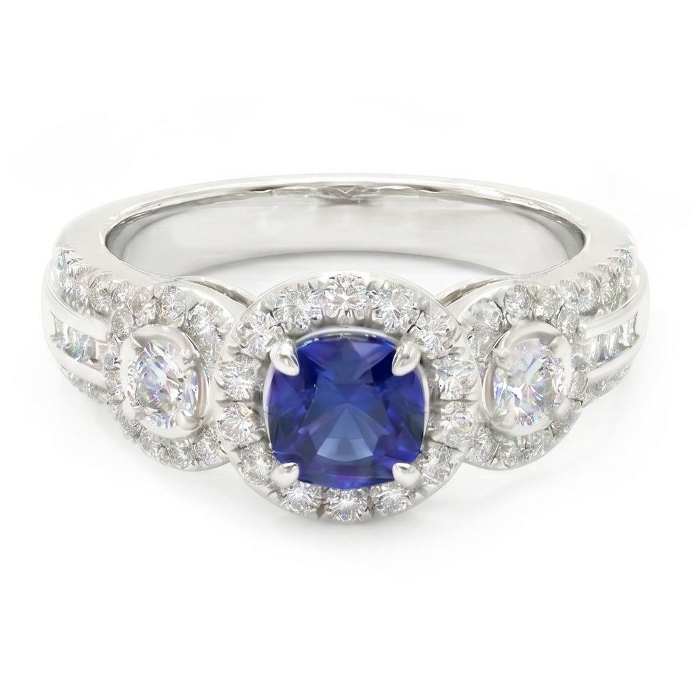 Natural Earth Mined Diamond ( Not Lab Grown ) Halo Round Blue Sapphire Ring 2.50 Carats Ladies Jewelry