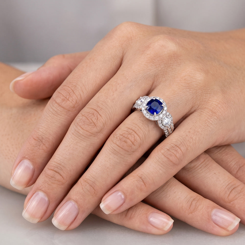 Natural Earth Mined Diamond ( Not Lab Grown ) Halo Round Blue Sapphire Ring 2.50 Carats Ladies Jewelry