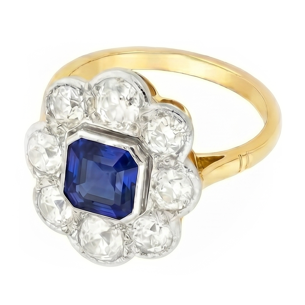 Natural Earth Mined Diamond ( Not Lab Grown ) Halo Sapphire Ring Bezel Set Asscher Cut Flower Style 4 Carats
