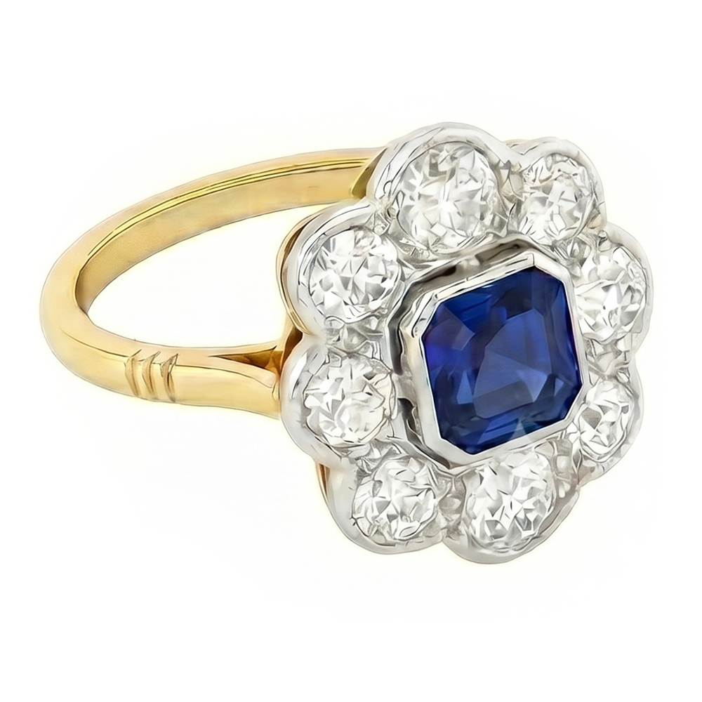 Natural Earth Mined Diamond ( Not Lab Grown ) Halo Sapphire Ring Bezel Set Asscher Cut Flower Style 4 Carats
