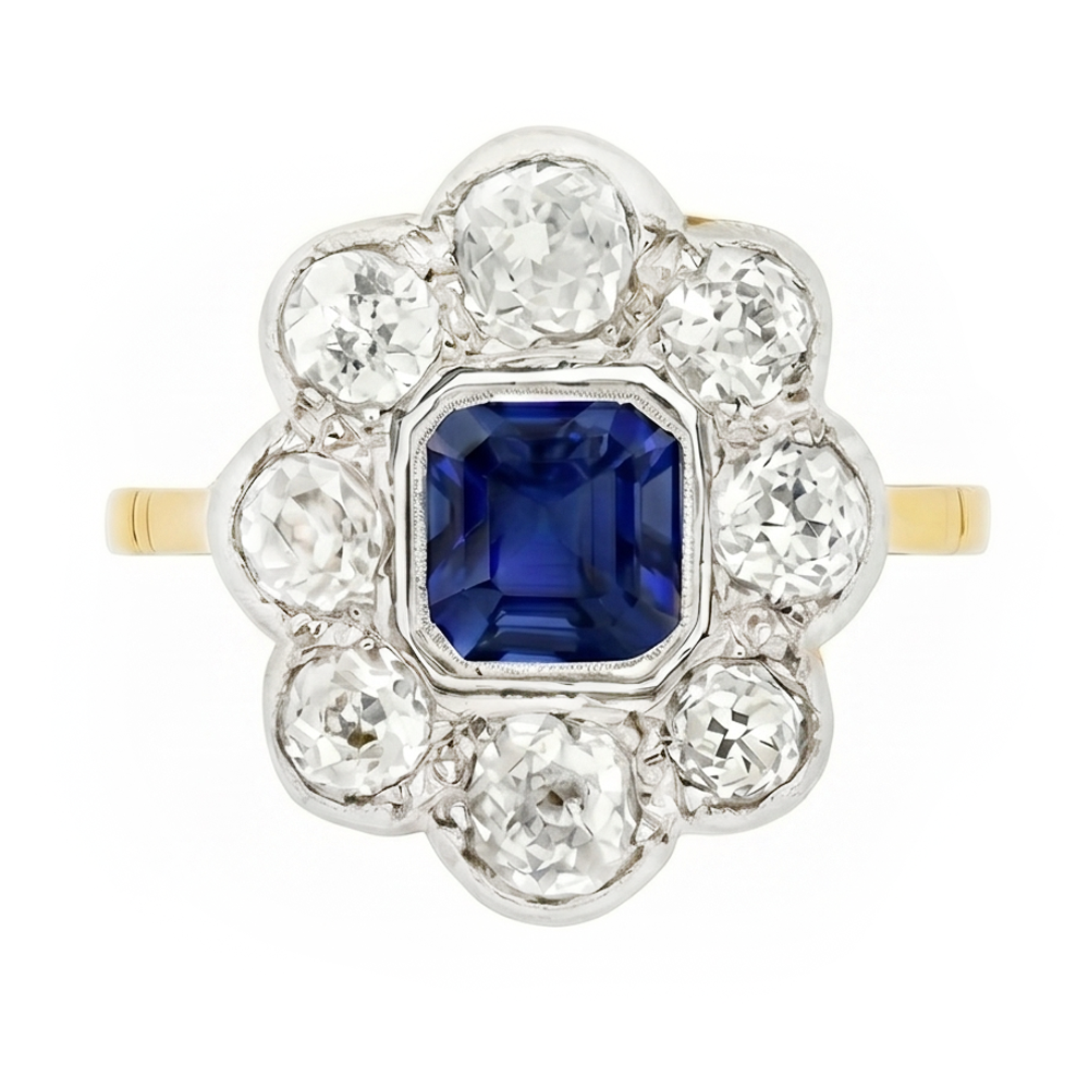 Natural Earth Mined Diamond ( Not Lab Grown ) Halo Sapphire Ring Bezel Set Asscher Cut Flower Style 4 Carats