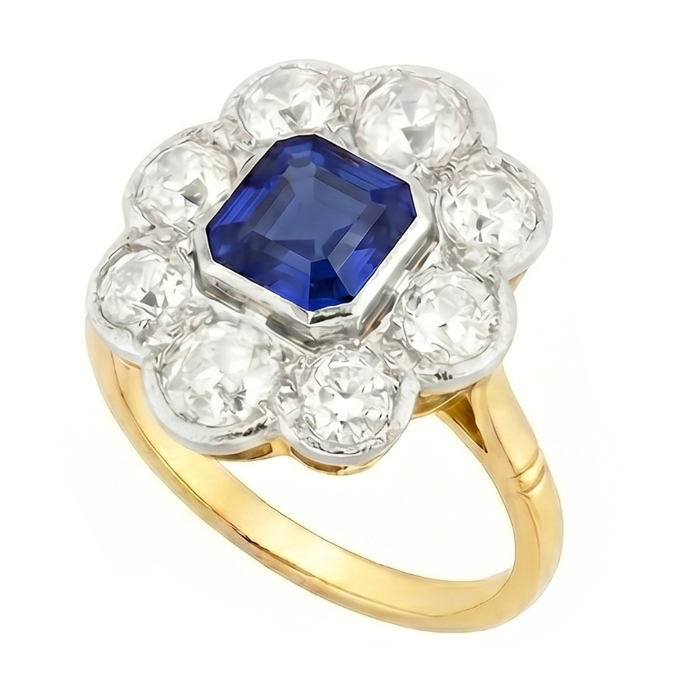 Natural Earth Mined Diamond ( Not Lab Grown ) Halo Sapphire Ring Bezel Set Asscher Cut Flower Style 4 Carats