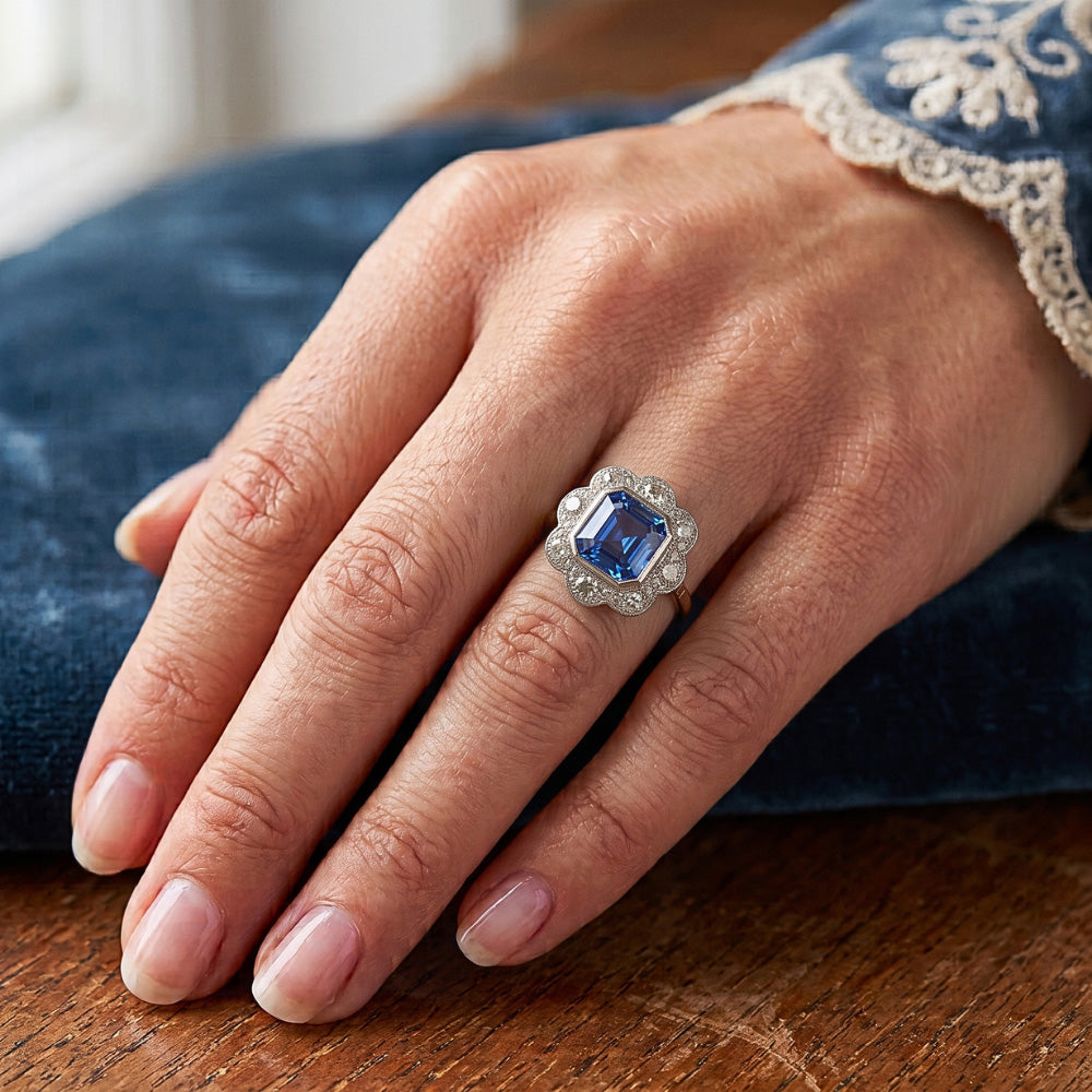 Natural Earth Mined Diamond ( Not Lab Grown ) Halo Sapphire Ring Bezel Set Asscher Cut Flower Style 4 Carats