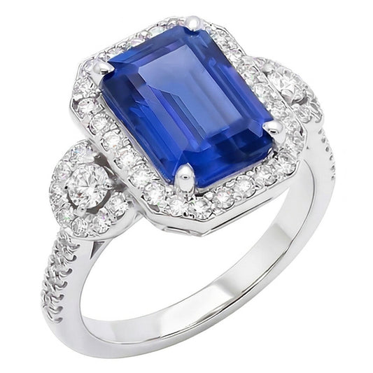 Natural Earth Mined Diamond ( Not Lab Grown ) Halo Srilanka Sapphire Emerald Ring 3 Stone Style 4.50 Carats