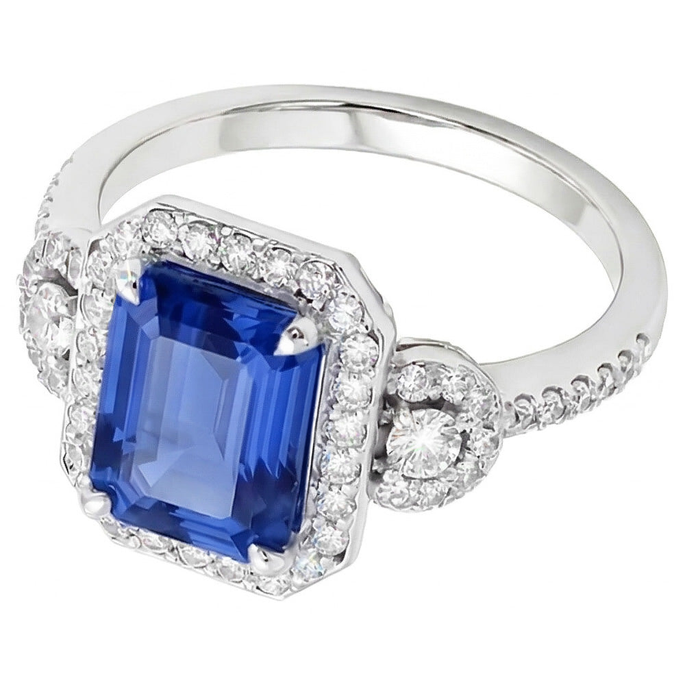 Natural Earth Mined Diamond ( Not Lab Grown ) Halo Srilanka Sapphire Emerald Ring 3 Stone Style 4.50 Carats