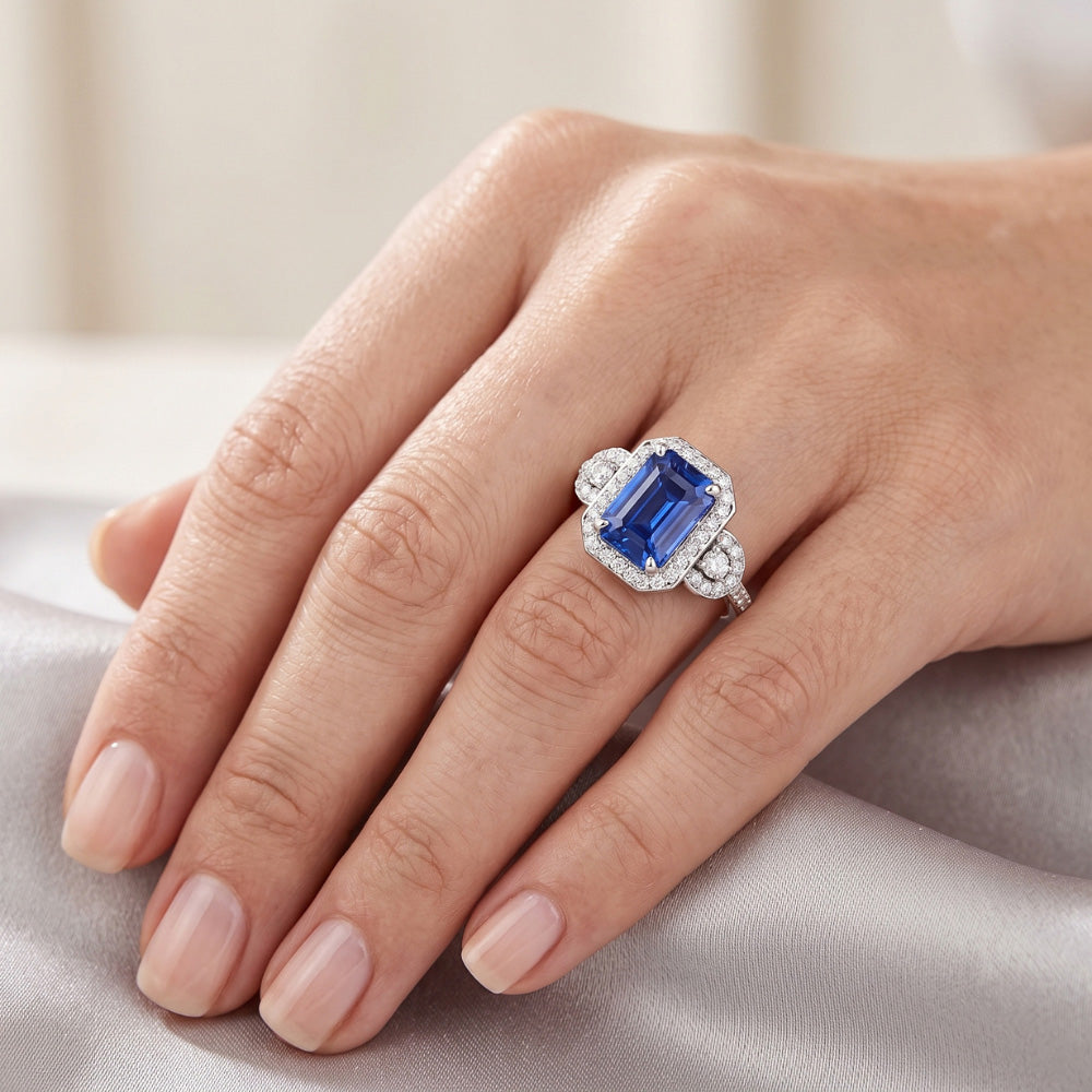 Natural Earth Mined Diamond ( Not Lab Grown ) Halo Srilanka Sapphire Emerald Ring 3 Stone Style 4.50 Carats