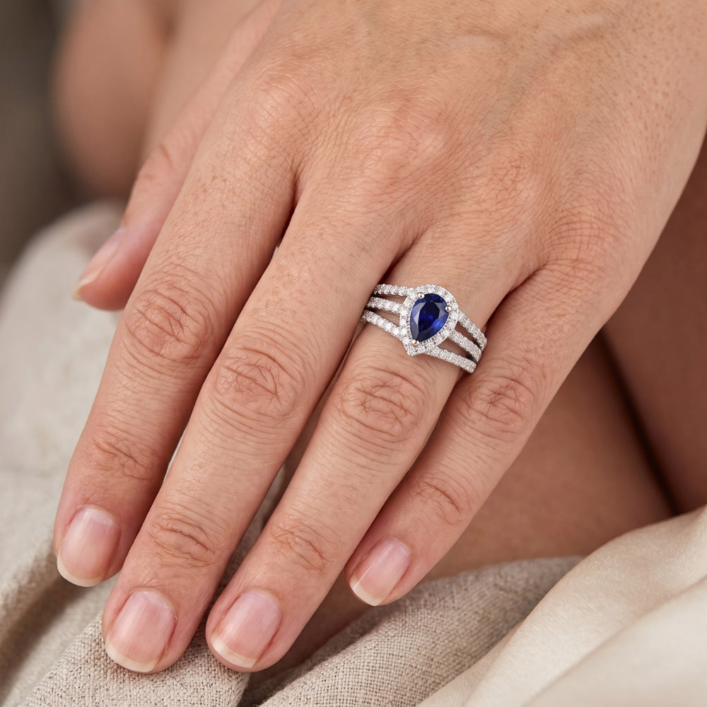 Natural Earth Mined Diamond ( Not Lab Grown ) Halo Wedding Ring Pear Blue Sapphire 2.50 Carats